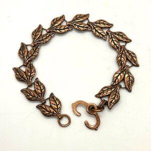 Vintage Copper Leaf Link Bracelet 7.5" With Hook Clasp Design